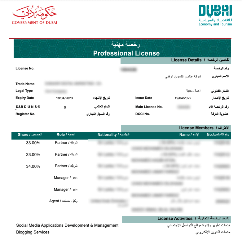 Sample of a Professional License in Dubai